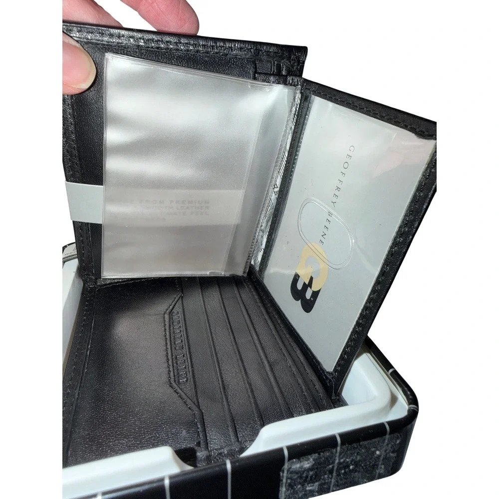 Geoffrey Beene Mens Black Genuine Leather Passcase Billfold Wallet with Gift Tin
